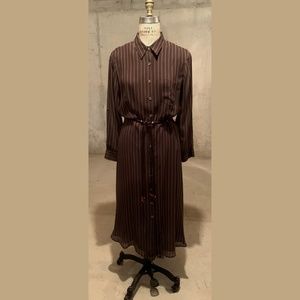 Vintage Jones New York Brown Striped 100% Silk Georgette Camp Shirt Dress sz 12